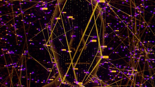 Futuristic digital human silhouette integrated with complex neural network. Abstract data visualization, HUD interface infographics and telemetry metrics analyzing human mind and artificial intelligen