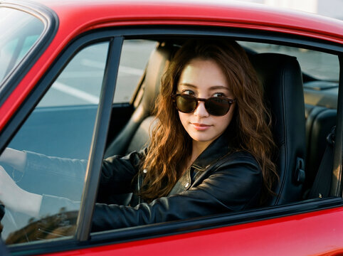 赤いスポーツカーを運転するサングラス姿のスタイリッシュな女性