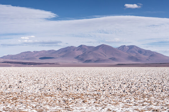 Minimalist saline desert with distant mountains in La Puna