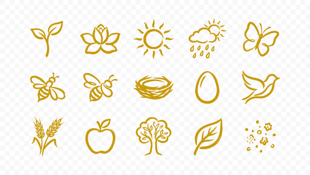 nature spring and organic growth doodle handmade ink scribble flat line art vector illustration icon bundle set calligraphy drawing design bee nest sprout egg apple forest
