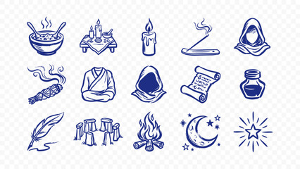 magic wizardry and ancient ritual doodle handmade ink scribble flat line art vector illustration icon bundle set calligraphy drawing design potion hood scroll fire quill art © markephics