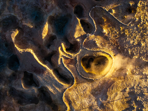 Aerial view of Sol de Manana geothermal landscape