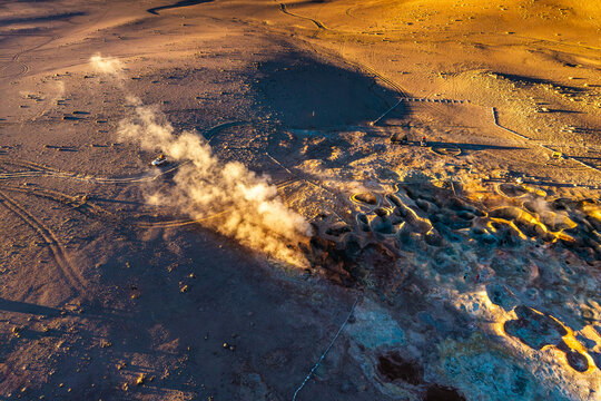 Aerial view of Sol de Manana Geysers in Bolivia