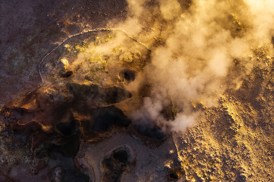 Aerial view of Sol de Manana geyser field in Bolivia