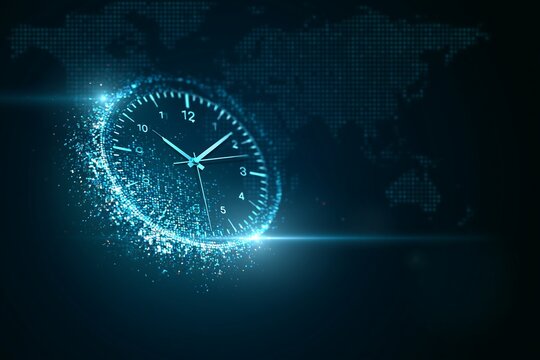 Glowing digital clock face dissolving into bright blue particles against a dark global network map background
