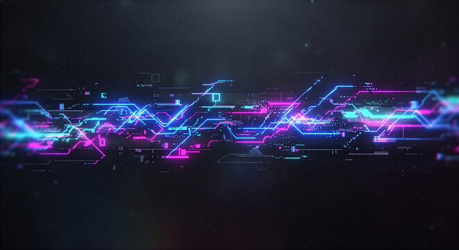 近未来的なデジタルノイズ：ネオンが輝くスタイリッシュなグリッチ背景　Futuristic Digital Noise: Stylish Glitch Background with Glowing Neon