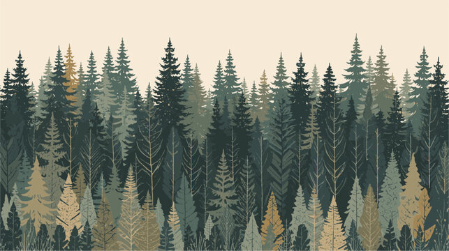 Vintage evergreen pine forest landscape illustration in Scandinavian folk style