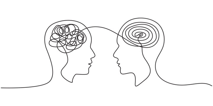 Two human heads connected continuous one line drawing, One line art of two human profiles facing each other, with a chaotic brain connecting to a calm, circular brain. Editable line. Hand drawn one