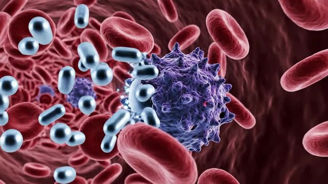 Microscopic view of red blood cells with a purple immune cell and blue bacteria in a bloodstream scene, conveying medical urgency and infection response