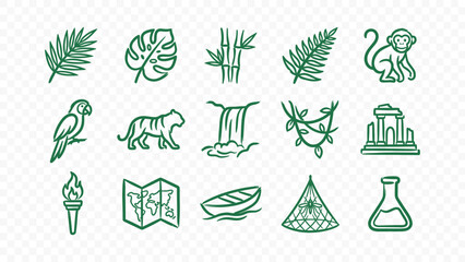 tropical jungle nature and wild animals doodle handmade ink scribble flat line art vector illustration icon bundle set calligraphy drawing design palm leaves tiger monkey forest © markephics