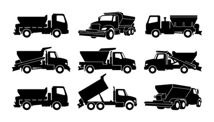 Dump Truck Silhouettes, Construction Vehicle Icons, Heavy Machinery Vector Set © Zara