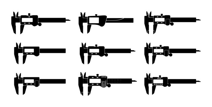 Digital Caliper Icons Set, Precision Measurement Tools, Engineering and Technical Illustration Vector Graphics