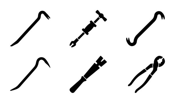 Set of 6 Black Vector Icons: Crowbar, Jackhammer, Pliers, Pry Bar Tools for Construction and Repair