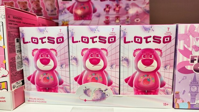 Varna. Bulgaria. 13.07.2026 Boxed collectible toy figures featuring the Disney Pixar character Lotso are displayed on a retail store shelf, part of a licensed branded product line for fans and collect