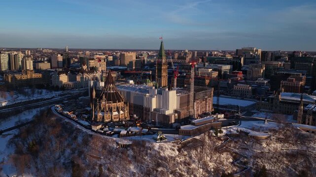 Spinning aerial view of parliament hill ottawa under construction