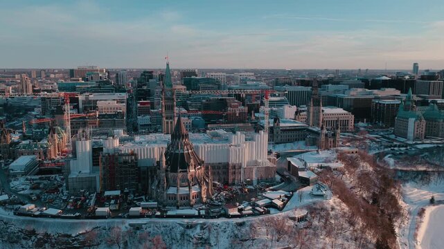 Spinning aerial view of parliament hill ottawa under construction