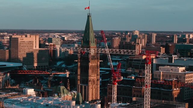 Spinning aerial view of parliament hill ottawa under construction