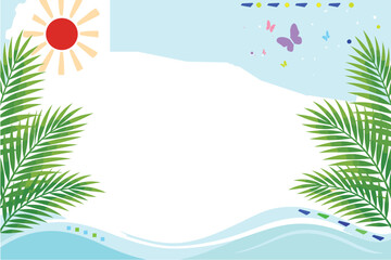 Fototapeta premium Summer Beach Tropical Background with Palm Leaves Ocean Waves Sun Sky and Copy Space Vector Illustration