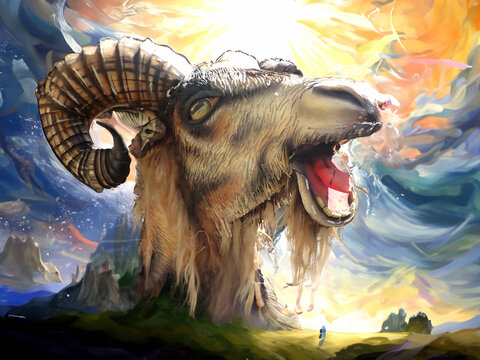 Testa di ariete monumentale in un paesaggio surreale, illustrazione digitale fantasy con cielo drammatico e tempesta di colori. 824