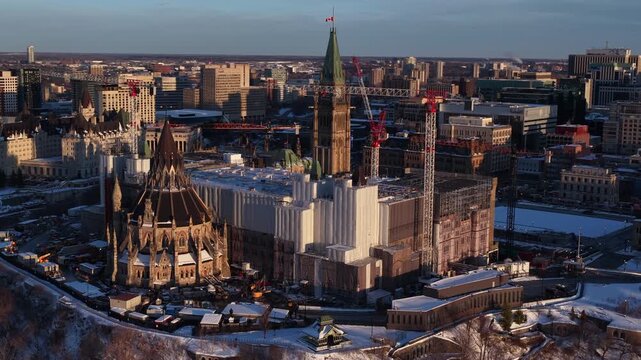 Spinning aerial view of parliament hill ottawa under construction