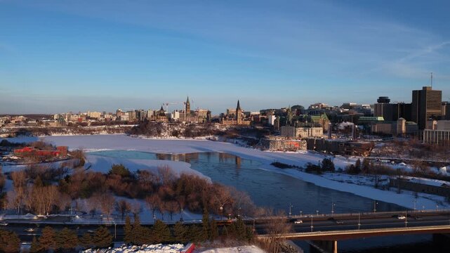 Spinning aerial view of parliament hill ottawa under construction