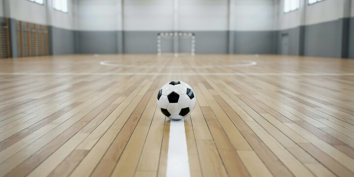 Soccer ball on a wooden indoor sports hall floor with goalpost