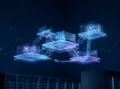 AI cloud computing network visualization with glowing nodes. Futuristic data ecosystem showing interconnected digital infrastructure.