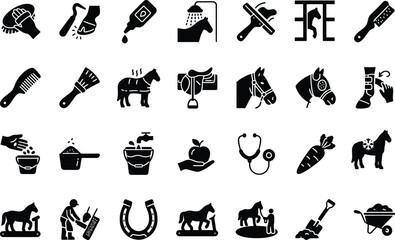 Obraz premium Horse care and equestrian equipment icon set, 28 black solid vector symbols for stable management, horse grooming and veterinary supplies