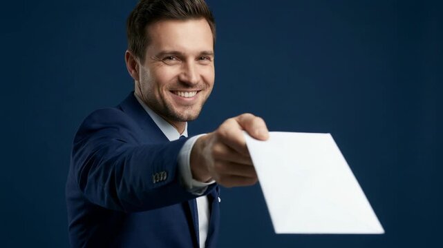Businessman handing white envelope toward camera. Smiling man in suit offering letter or document. Professional communication and delivery service business concept.