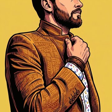A pop art comic style profile vector illustration of a sharp-dressed bearded man adjusting his gold textured blazer jacket against a yellow backdrop.