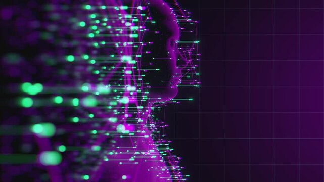 Futuristic digital human silhouette integrated with complex neural network. Abstract data visualization, HUD interface infographics and telemetry metrics analyzing human mind and artificial intelligen