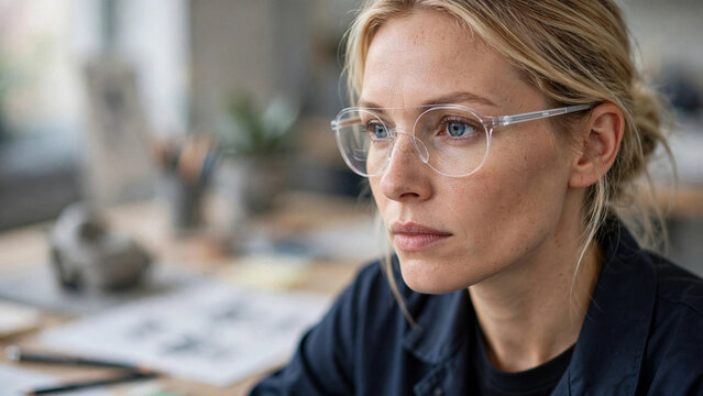 Creative studio uniform in product design department, close-up face angle with soft diffused natural lighting, professional designer portrait, clean and bright, commercial stock