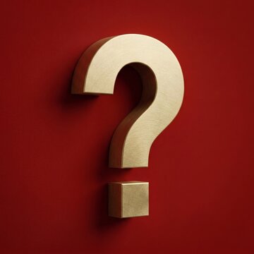 A luxurious 3D metallic gold question mark symbol featuring a brushed texture, set against a rich matte red textured background.