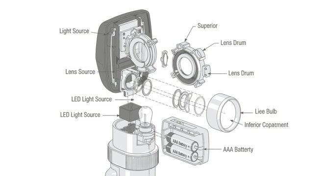 Vector illustration of detailed diagram of a disassembled flashlight with labeled components