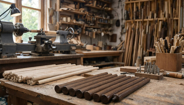 Wooden dowels and lathe machine in a workshop, featuring rows of cylindrical wood pieces on a workbench with tools and storage shelves behind