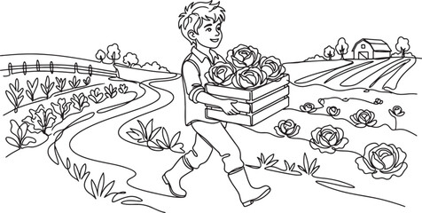 Obraz premium boy carrying a box of roses in a rural landscape