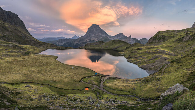 Sunset reflection on Lacs dAyous in the Pyrenees