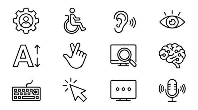 Modern Black and White Line Icons Set Featuring Accessibility Technology and Communication Symbols
