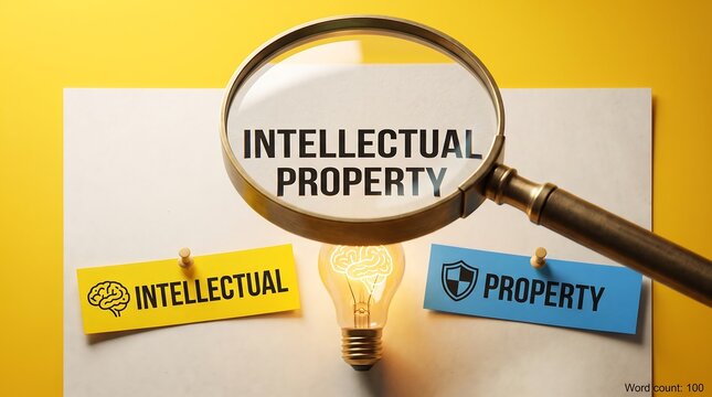 Intellectual property concept with magnifying glass, light bulb and legal text on yellow background, copyright protection and patent law