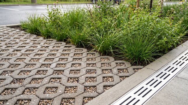 Permeable Interlocking Concrete Pavers with Green Plants and Metal Drainage Slot on Sidewalk Background.