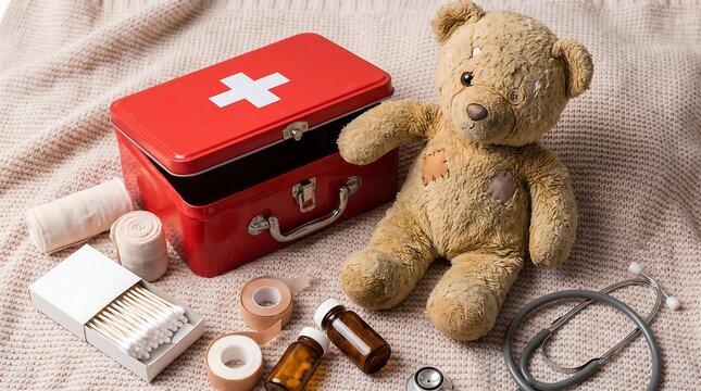 Pediatric first aid kit with red medical box and teddy bear, child healthcare concept with stethoscope and bandages on beige blanket