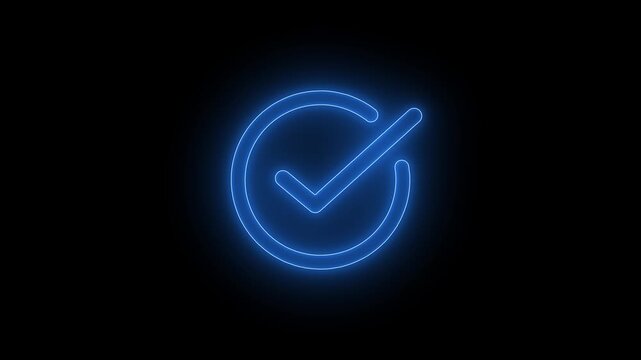 Neon Check mark on transparent background with alpha channel. approved tick mark icon, Check mark icon animation, right mark icon. Tick mark icon animation 4k video