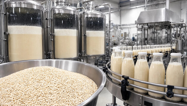 Industrial milk processing plant with stainless steel tanks and a conveyor belt filled with glass bottles of milk and a large bowl of oats