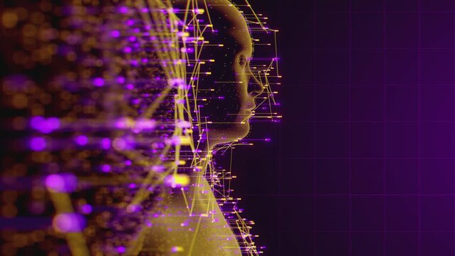 Futuristic digital human silhouette integrated with complex neural network. Abstract data visualization, HUD interface infographics and telemetry metrics analyzing human mind and artificial intelligen