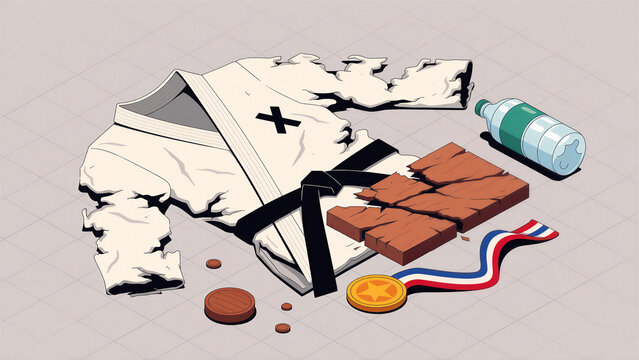 karate losing torn white gi with belt wood blocks and coins
