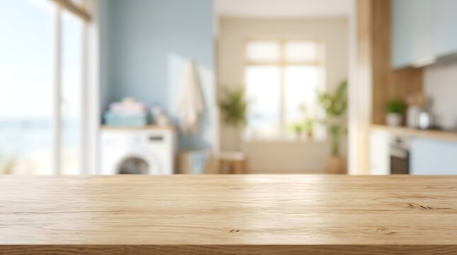 Empty wooden tabletop in blurred laundry room for product display mockup and clean home interior marketing background.