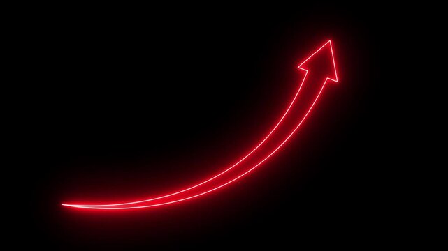A neon red arrow points upward in a black video background 