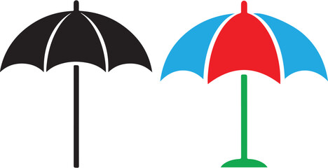 Umbrella vector icon set with black silhouette and colorful beach parasol design elements for weather and travel graphics © Andikia