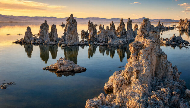 Tufa rock towers rising from the calm water of mono lake at sunset with soft golden light reflecting on the surface and distant mountains