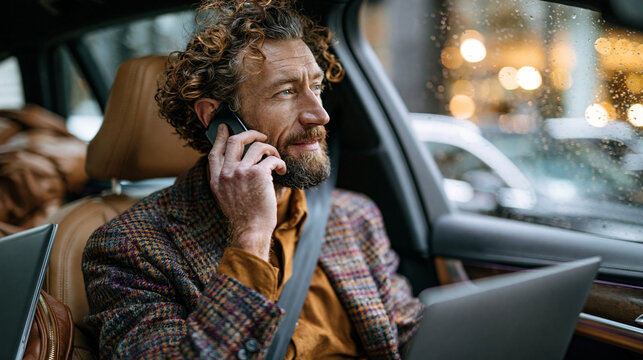 Remote consultant taking a client call from a parked car in city rain with laptop bag between appointments candid side profile flexible work reality